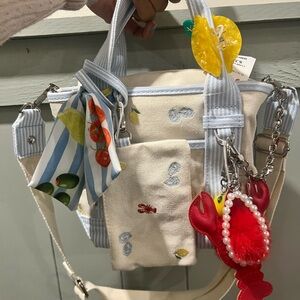 Madden Girl Canvas Mini Tote Bag with Blue Trim and Lobster Charm